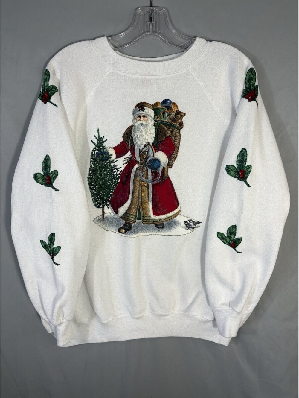VTG 90s Hanes Her Way Santa Christmas Sweatshirt M/L Made USA Teddy Bear Holly